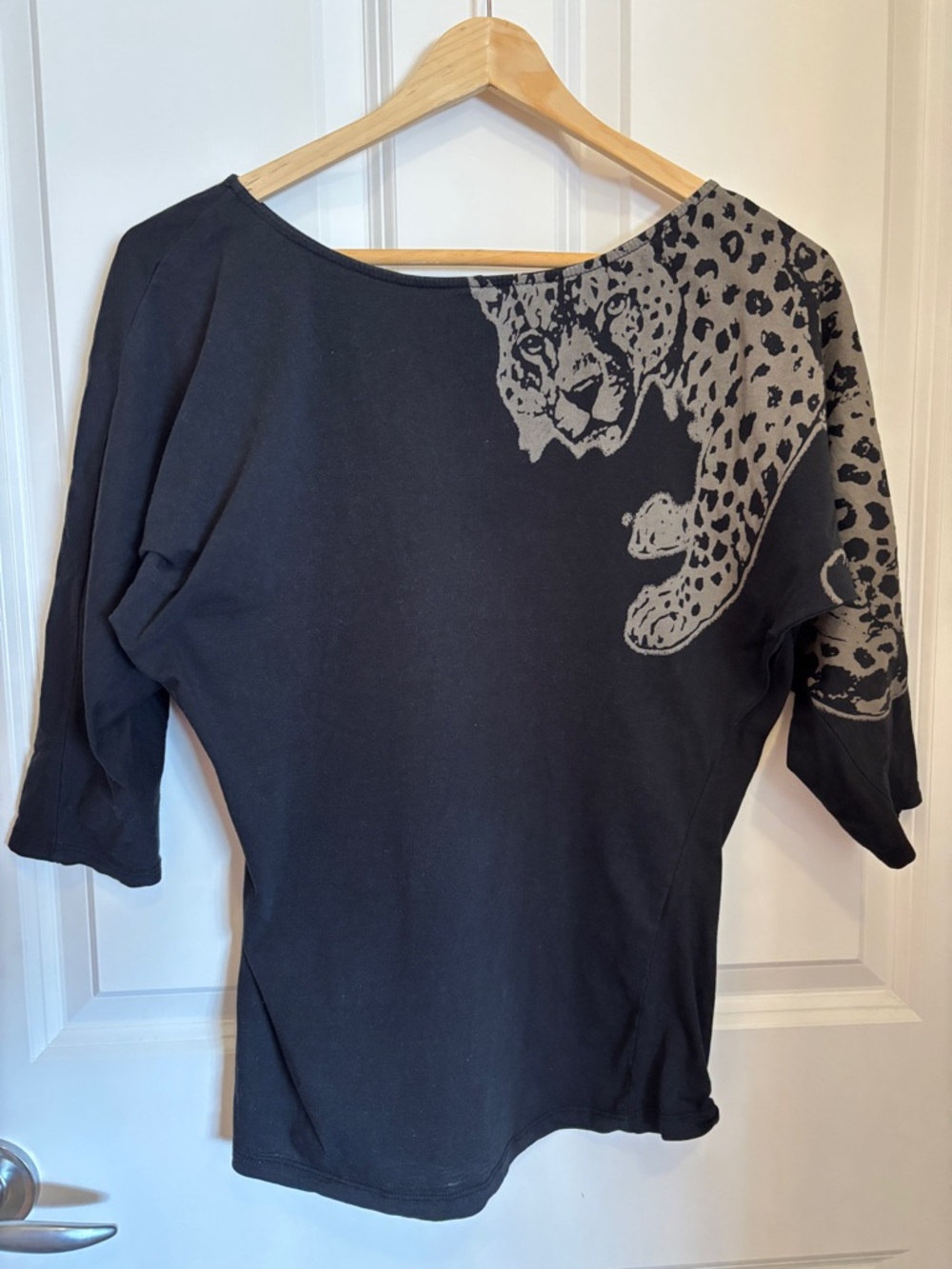Black Wide Neck Batwing Top with Leopard Accent